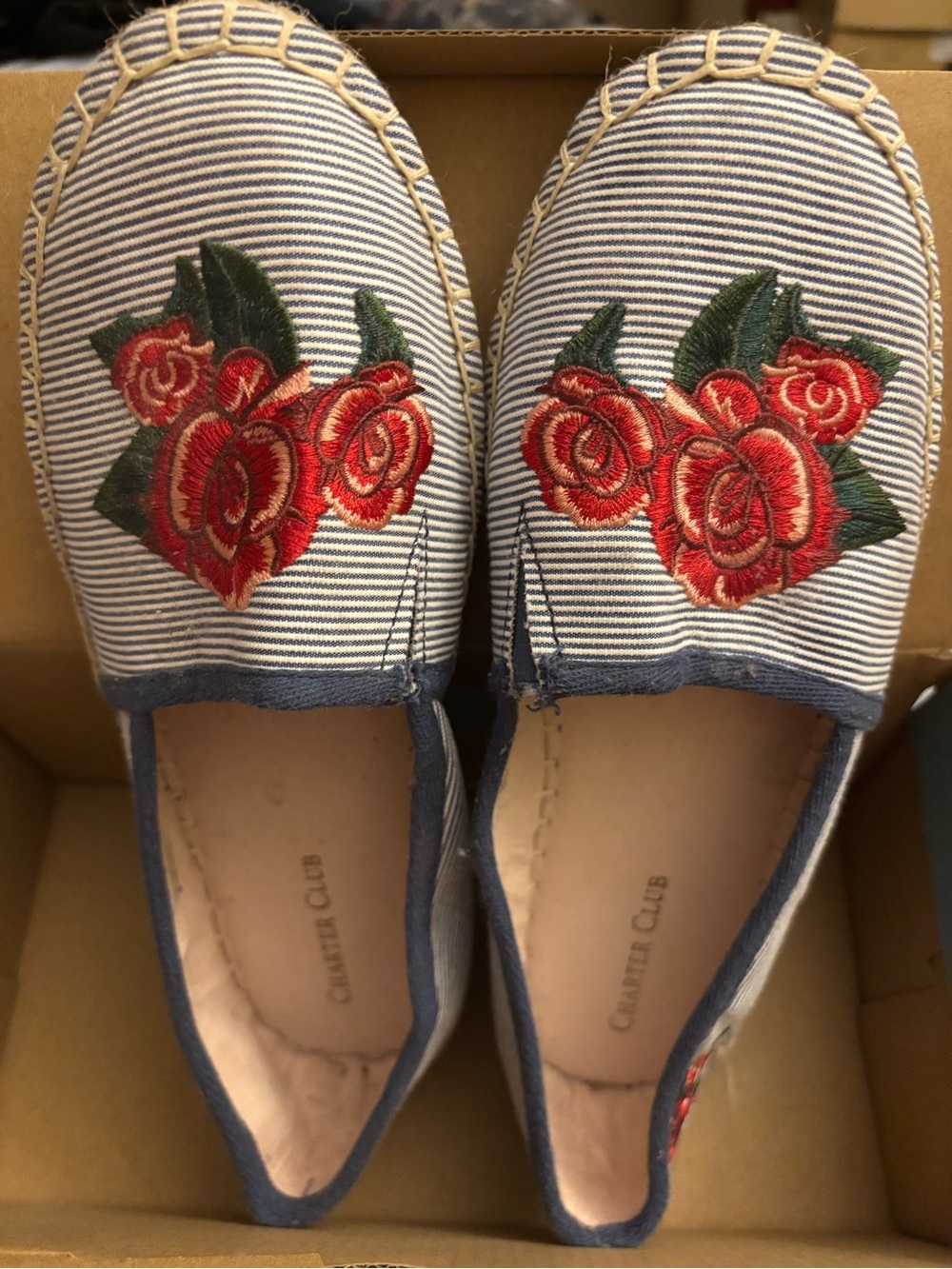 Navy Striped Espadrille Flats with Red Rose Embroidery 6.5